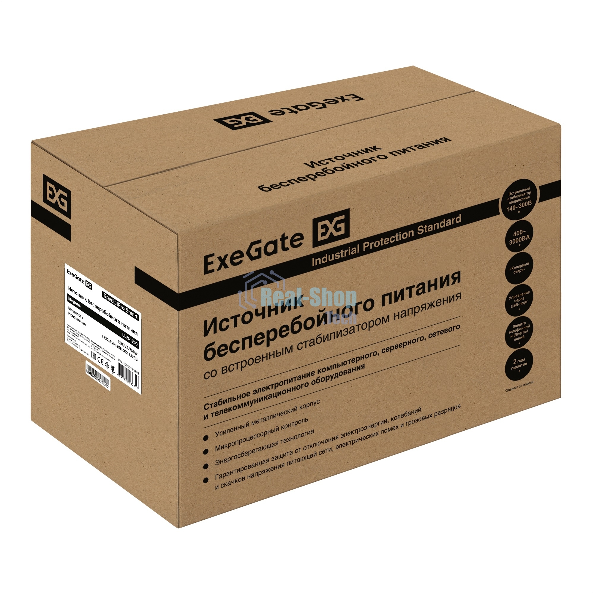 Источник бесперебойного питания ExeGate SpecialPro Smart LLB-1200.LCD.AVR.2SH.3C13.USB 1200VA/750W, LCD, AVR, 2*Schuko+3*C13, USB, съемн.кабель, металлический корпус, черный