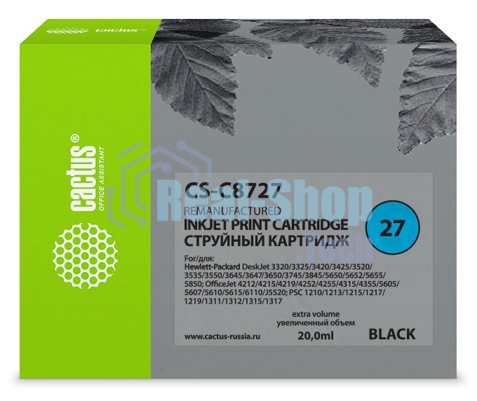 Картридж струйный Cactus CS-C8727 №27 черный (20 мл) для HP DeskJet 3320, 3420, 3520, 3535, 3550, 3645, 3650, 3740, 3840, 5150, OfficeJet 4211, 4251, 4311, 4352, 5600, 5610, PSC 1310, 1340, 1350