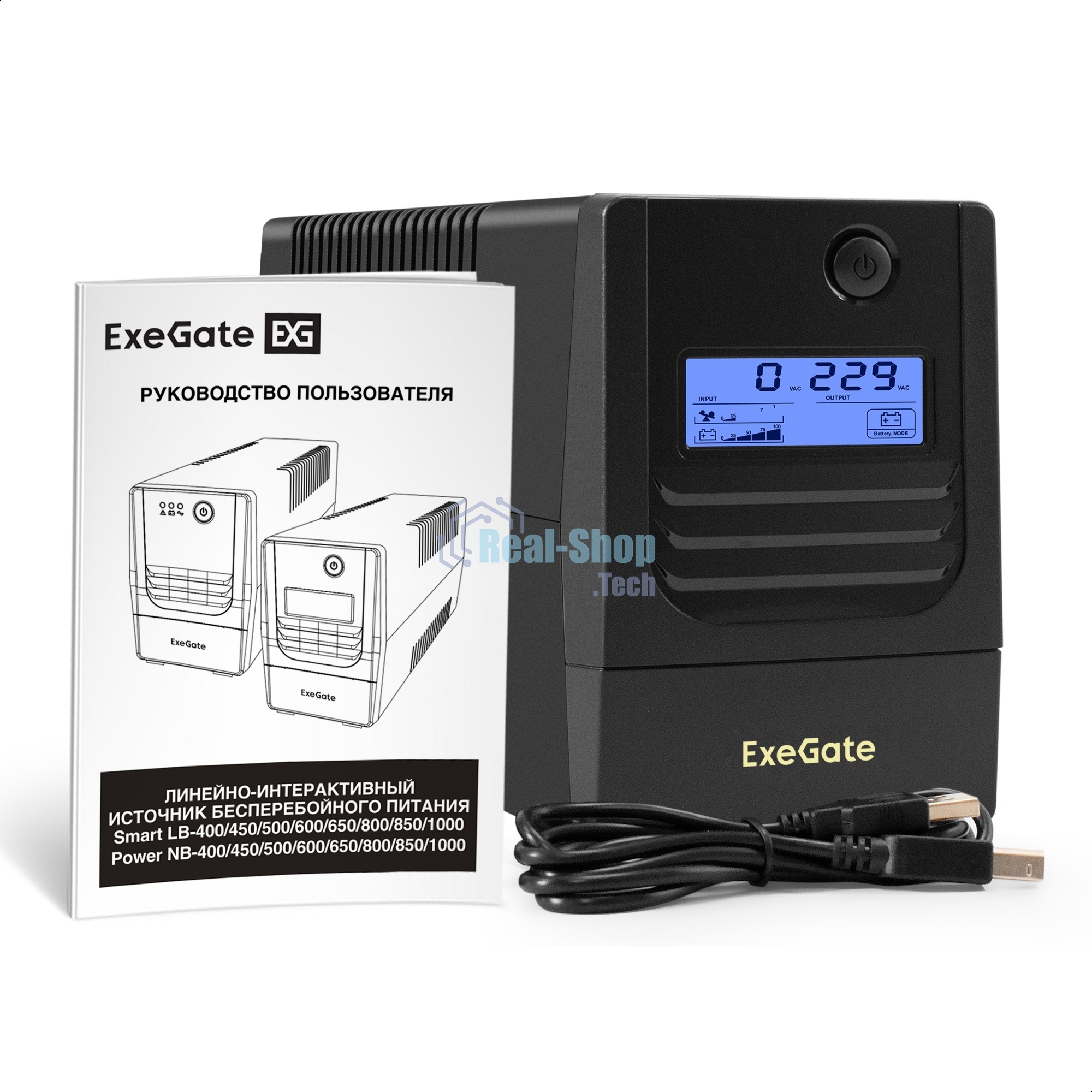 Источник бесперебойного питания ExeGate Smart LB-500.LCD.AVR.2SH.USB (500VA/300W, LCD, AVR, 2*Schuko, USB, батарея 12V 4.5Ah, Black)