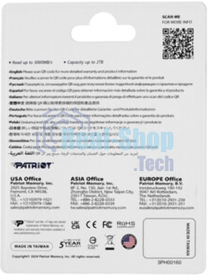 Накопитель SSD Patriot P320, 512Gb, PCIe 3.0 x4, M.2 2280, NVMe, R/W 3000/2200