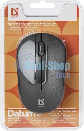 Мышь беспроводная Defender Datum MM-285 черный, 1600 dpi, радиоканал, USB, кнопки - 3