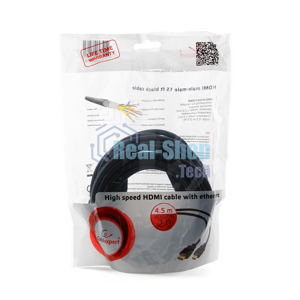 Кабель Cablexpert HDMI CC-HDMI4-15, 19M/19M, v2.0, медь, позол.разъемы, экран, 4.5м, черный, пакет