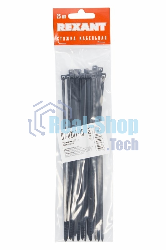 Хомут-стяжкa нeйлонoвая Rexant 200x3,6 мм, черная, упаковка 25 шт.