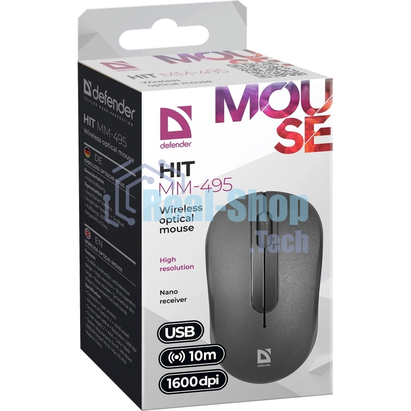 Мышь беспроводная Defender Hit MM-495 черный, 1600 dpi, радиоканал, USB, кнопки - 3