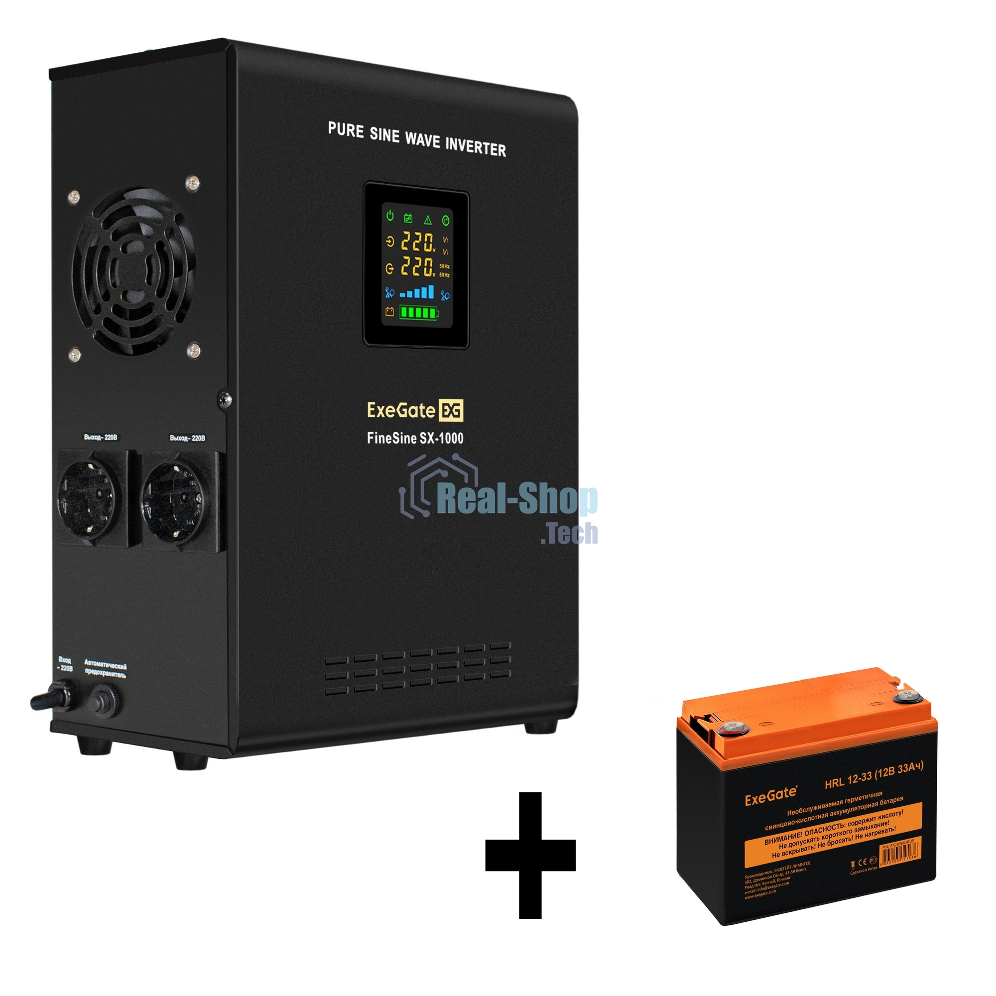 Комплект Источник бесперебойного питания EX295997RUS + батарея 33Aч EX285664RUS 1шт (инвертор, синус, для котла, настенный) ExeGate FineSine SX-1000.LCD.AVR.2SH <1000VA/600W, чистая синусоида, цветной LCD-дисплей, AVR, 2*Schuko, линейно-интерактивный, крепление настенное/универсальное, Black> + батарея ExeGate HRL 12-33 (12В, 33Ач) 1шт