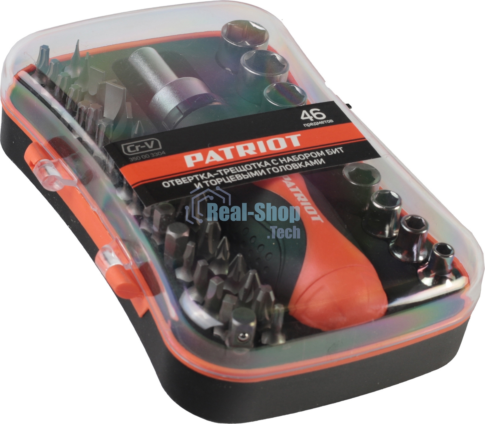 Отвертка-трещотка Patriot SPS-46 с битами и торцевыми головками, CR-V, двухкомпонентная рукоятка, 46 предметов