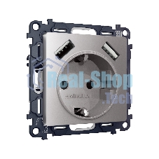 Комплект механизма электрической розетки ALFA Сталь матовый 2USB A+A 18W (быстрая зарядка) с/з QUANT (AP5090, VM155) MA509010