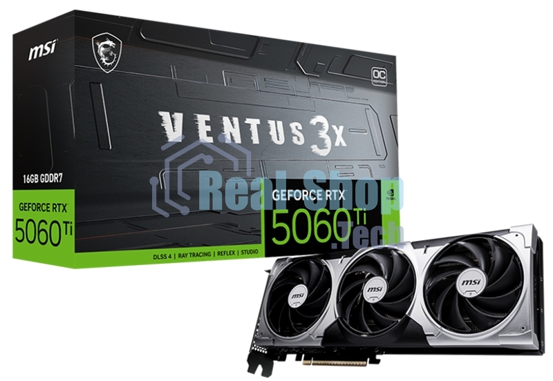 Видеокарта MSI RTX 5060 Ti VENTUS 3X OC 16GB, NVIDIA RTX 5060 Ti, 16 ГБ GDDR7, 128 бит, PCI-e 5.0, 1xHDMI, 3xDP, 2602 МГц