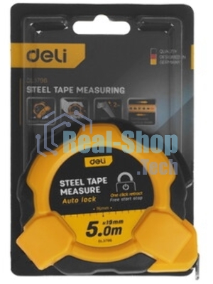 Рулетка Deli DL3796 5мx19мм, Автостоп, ударопрочный корпус, метрическая