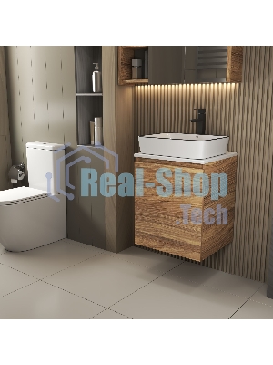 Тумба Bau Dream Blackwood 50 с дверцей, раковина BAU Hotel Black Rand 48х37, смеситель для раковины высокий Hotel Black, черный