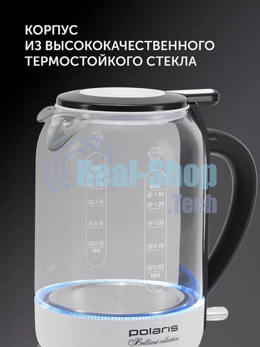 Чайник электрический Polaris PWK 1753CGL 1.7 л, 1950 Вт, белый/черный (корпус: пластик/стекло)