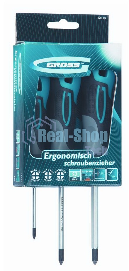 Набор отверток Gross 12166 3 шт, PH S2, трехкомпонентная рукоятка PH0, PH1, PН2