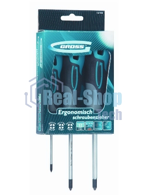 Набор отверток Gross 12166 3 шт, PH S2, трехкомпонентная рукоятка PH0, PH1, PН2