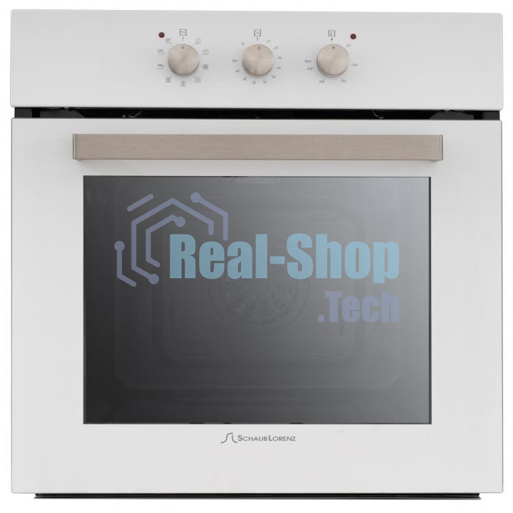 Встраиваемая электрическая духовка Schaub Lorenz 59.5х59.5x61 см, 58л, 9 режимов работы, механические переключатели, механический таймер, белая эмаль/ручки цвета нержавеющая сталь