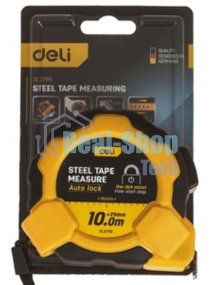 Рулетка Deli DL3799 10мx25мм, Автостоп, ударопрочный корпус, метрическая