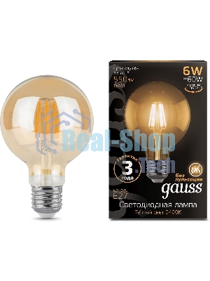 Лампа светодиодная Gauss Filament G95 6W 550lm 2400К Е27 golden LED