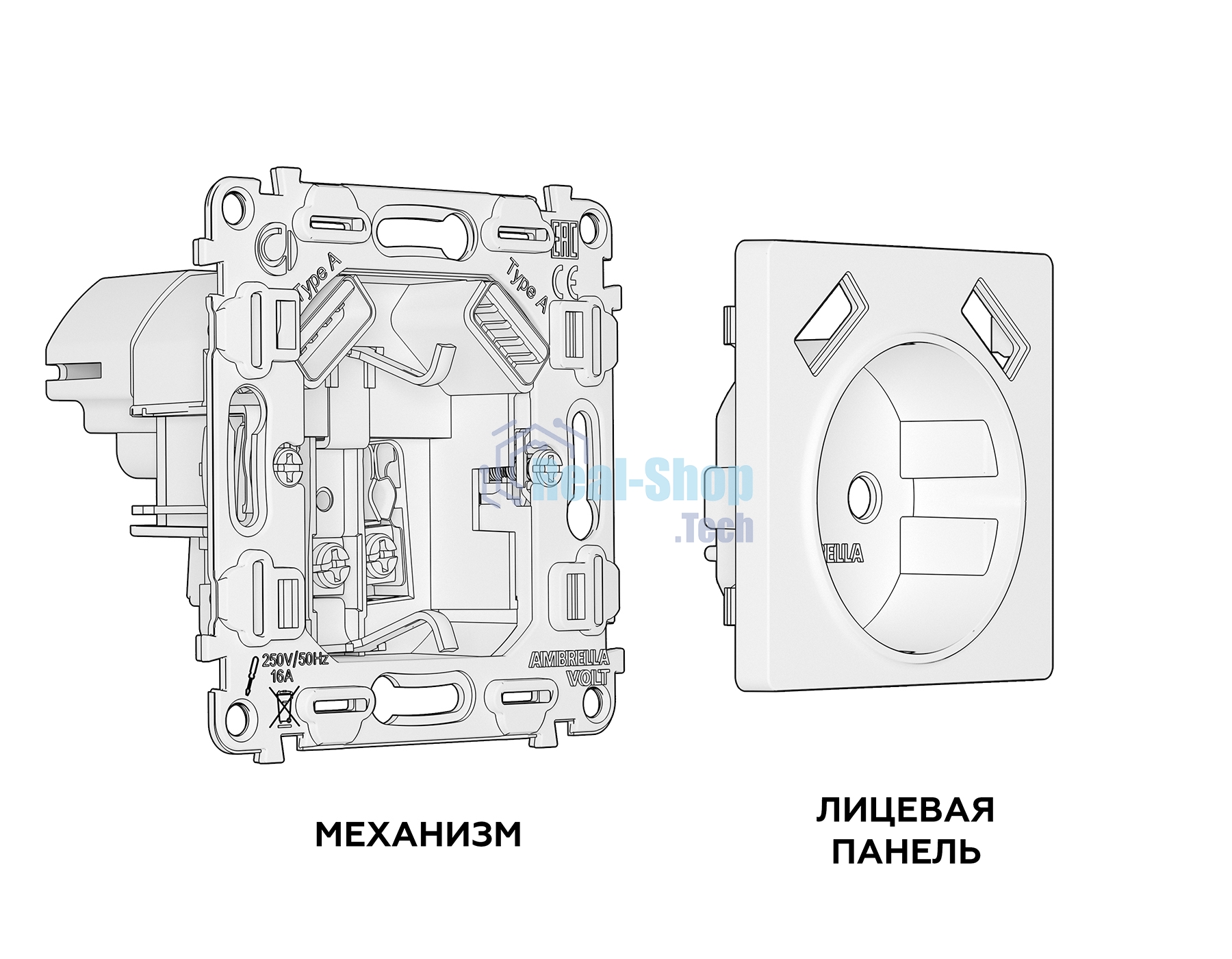 Комплект механизма электрической розетки ALFA Сталь матовый 2USB A+A 18W (быстрая зарядка) с/з QUANT (AP5090, VM155) MA509010