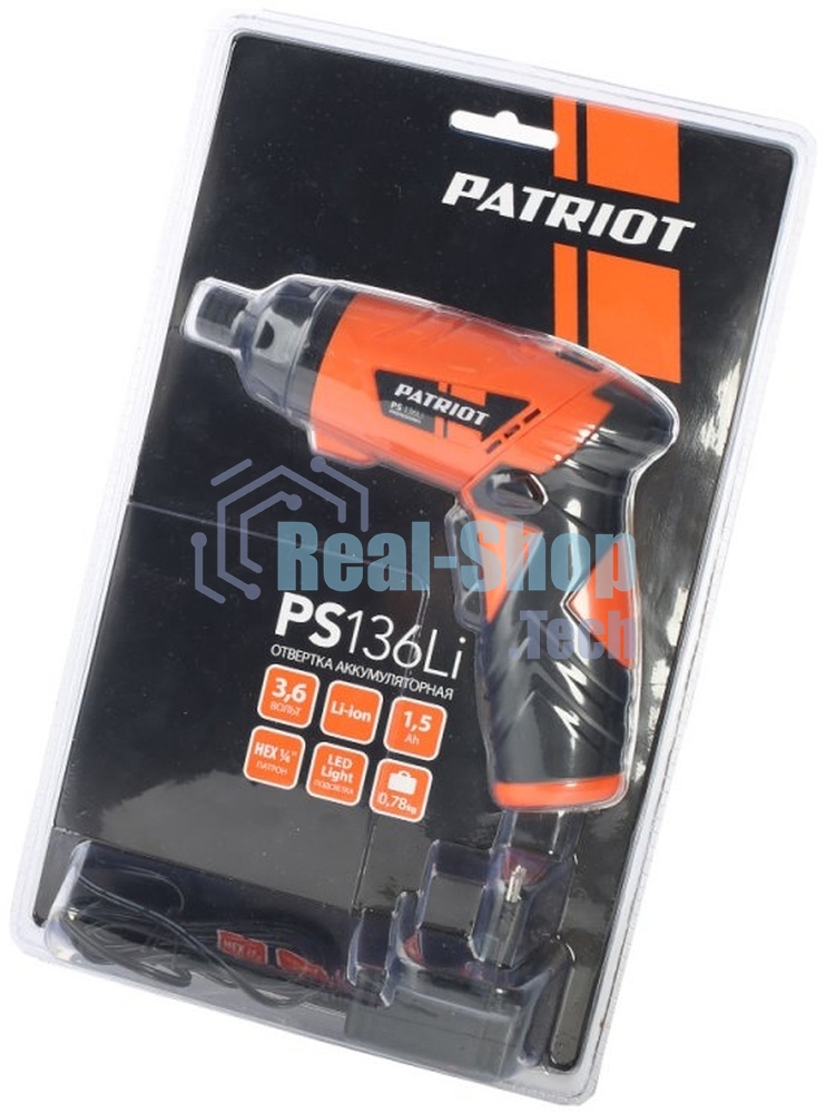 Отвертка аккумуляторная PATRIOT PS 136Li Li-Ion, 3.6 В/1,5 Ач, Реверс, 200 об/мин, 3,5 Нм, патрон: НЕХ 1/4