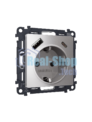 Комплект механизма электрической розетки ALFA Сталь матовый 2USB A+C 20W (быстрая зарядка) с/з QUANT (AP5100, VM160) MA510010