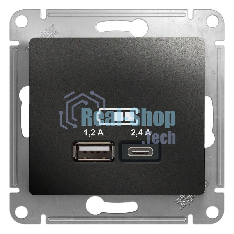 Розетка SE Glossa USB A+С, 5В/2,4А, 2х5В/1,2А антрацит