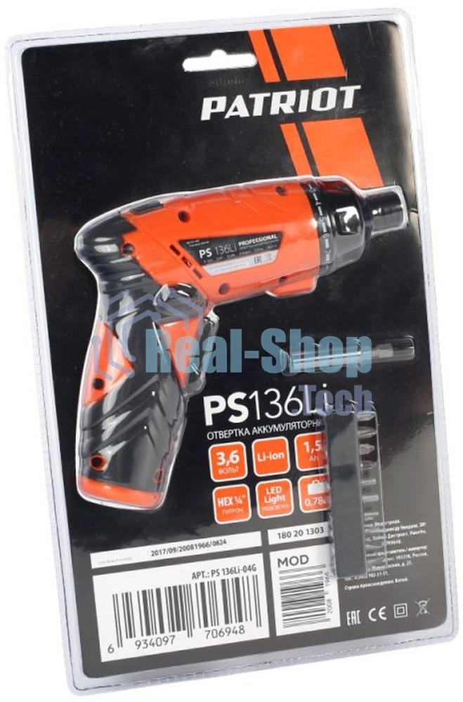 Отвертка аккумуляторная PATRIOT PS 136Li Li-Ion, 3.6 В/1,5 Ач, Реверс, 200 об/мин, 3,5 Нм, патрон: НЕХ 1/4