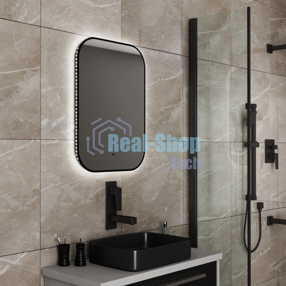 Зеркало Bau Black Rand 50х70, с LED фоновой подсветкой, бесконтактным сенсором, черной окантовкой