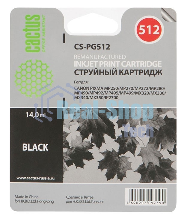 Картридж струйный Cactus CS-PG512 черный (14 мл) для Canon Pixma iP2700/MP240/MP250/MP260/MP270/MP272/MP280/MP480/MP490/MP492/MP495/MX320/MX330/MX340/MX350