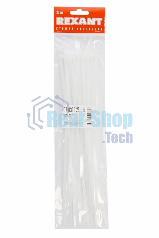 Хомут-стяжкa нeйлонoвая Rexant 300x4,8 мм, белая, упаковка 25 шт.
