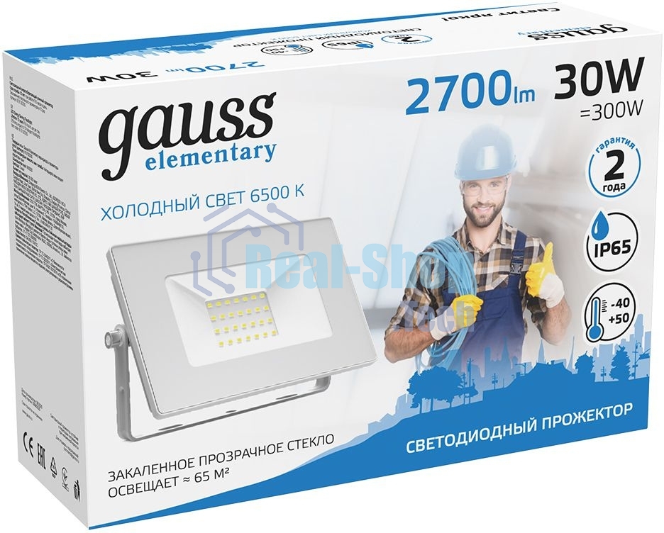 Прожектор светодиодный Gauss Elementary 30Вт 2100лм IP65 6500К бел.