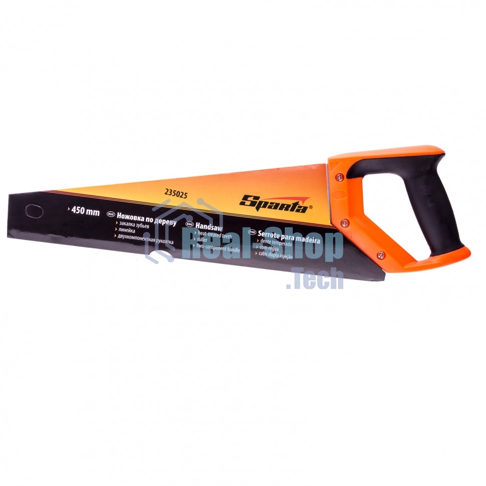 Ножовка по дереву Sparta 450 мм, 7-8 TPI, зуб-2D, каленый зуб, линейка, двухкомпонентная рукоятка