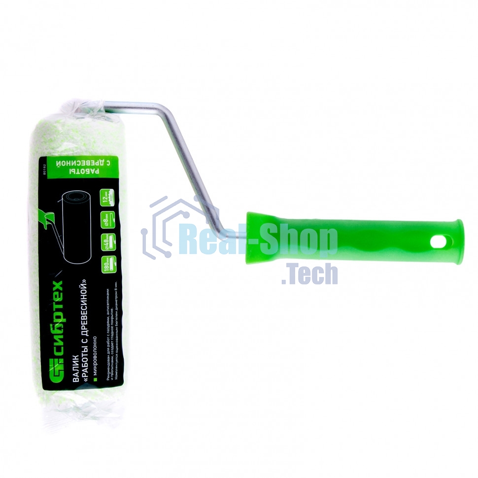 Валик Сибртех Работы с древесиной, 180 мм, ворс 12 мм, D 48 мм, D ручки 8 мм, микроволокно