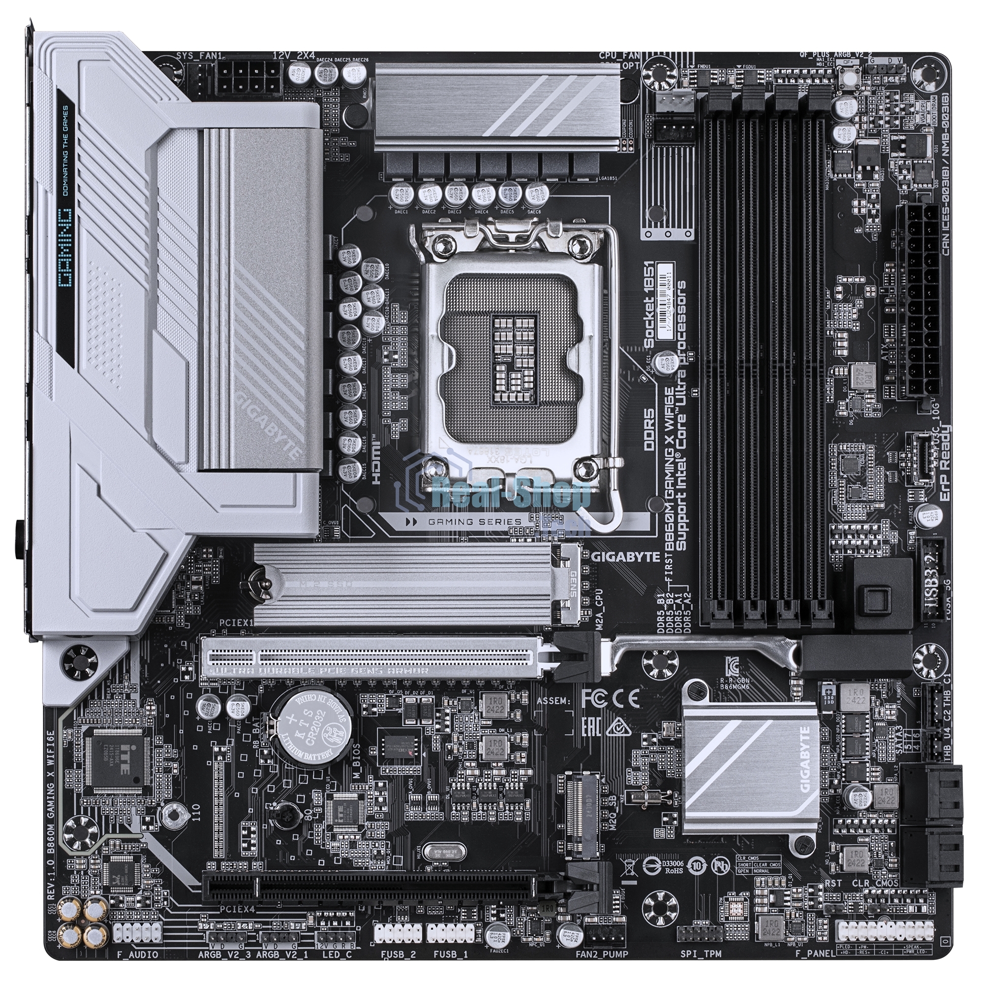 Материнская плата Gigabyte B860M GAMING X WIFI6E, LGA 1851, Intel B860, 4xDDR5, 4xSATA, 3xM.2, 1xPCIe 5.0 x16, 2xPCIe 4.0 x16, 1xHDMI, 1xDP, 1x 2.5Gb LAN, 4xUSB-A 2.0, 2xUSB-A 3.2 Gen 1, 1xUSB-C 3.2 Gen 2, 7.1, 3x3.5 мм, 3xARGb, 4xRGb, mATX