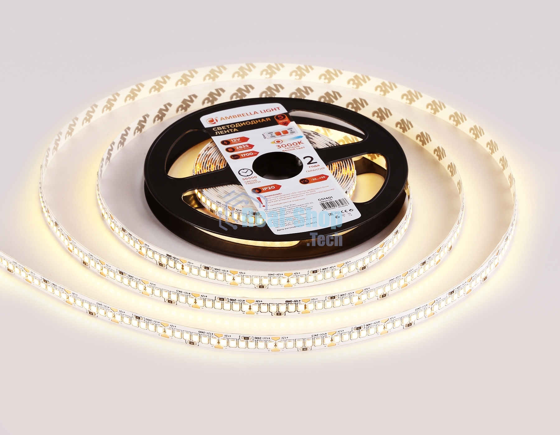 Светодиодная лента Ambrella light GS1401 2835 240Led/ 17W m/ 12V IP20 3000K/ 5000*10*1.2mm (2 конт.)