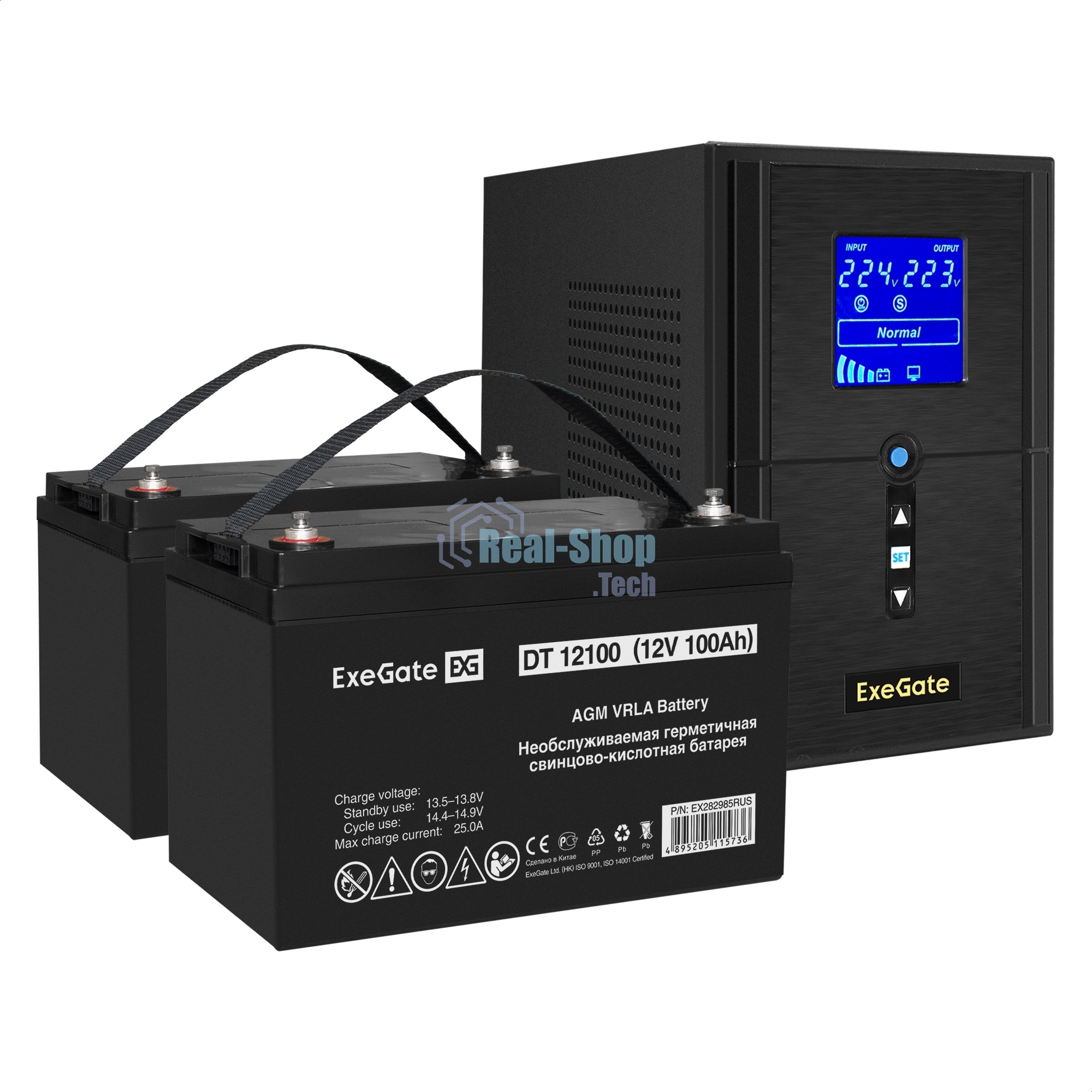 Комплект Источник бесперебойного питания EX295987RUS + батарея 100Aч EX282985RUS 2шт (инвертор, синус, для котла) ExeGate SineTower SZ-1000.LCD.AVR.2SH.1C13.USB 1000VA/800W, чистый синусоида, LCD дисплей, AVR, 2*Schuko+1*C13, USB, линейно-интерактивный, черный + батарея ExeGate DT 12100 (12В, 100Ач) 2шт