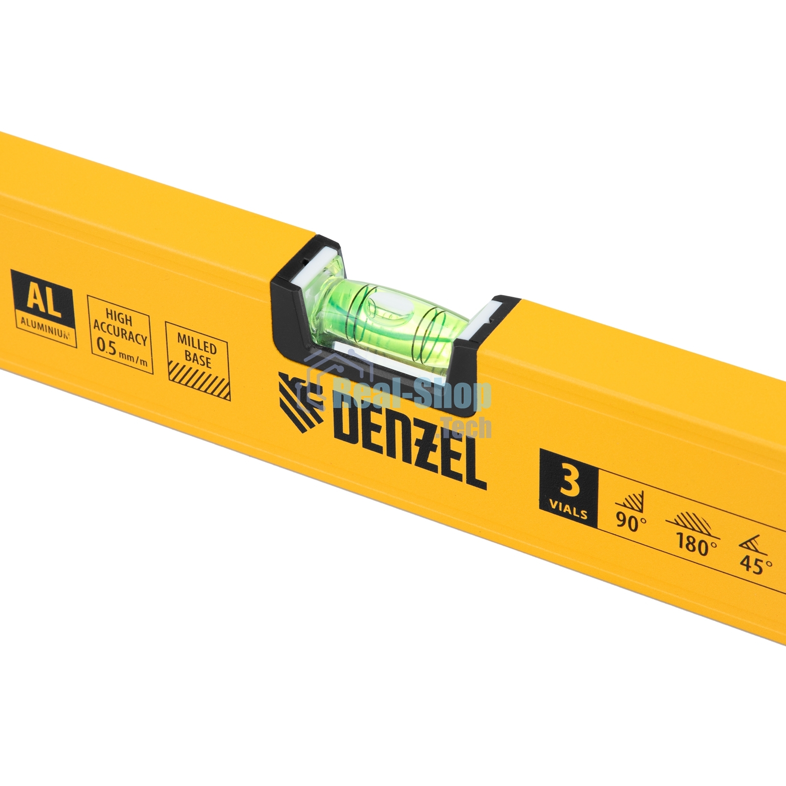 Уровень алюминиевый Denzel, магнит., фрезерованный, 3 глазка (1 зеркал.), 0,5 мм/м, 1200 мм