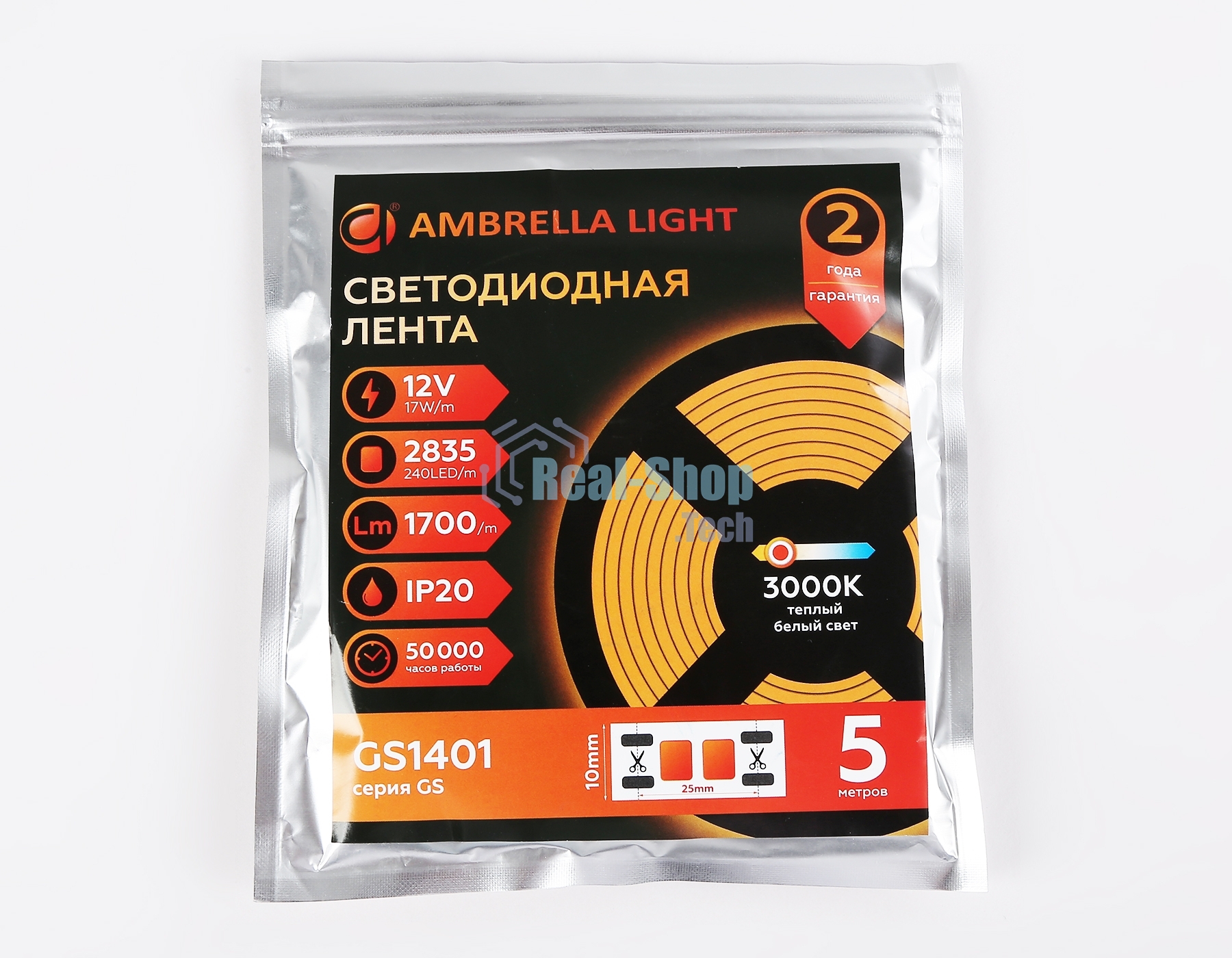 Светодиодная лента Ambrella light GS1401 2835 240Led/ 17W m/ 12V IP20 3000K/ 5000*10*1.2mm (2 конт.)