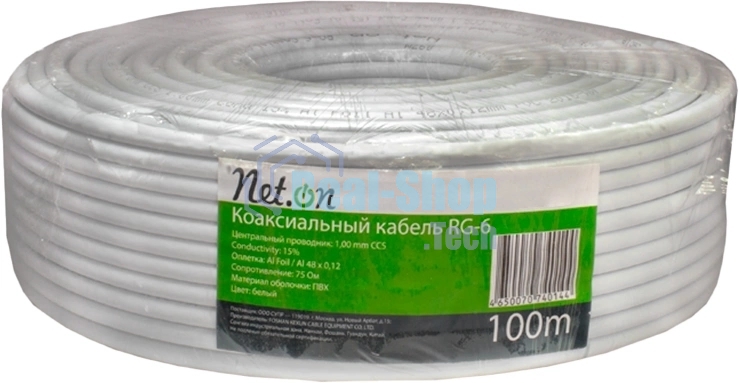 Кабель коаксиальный RG-6 CCS 1.02 (21проц.)/FPE/Al-Pet-Al Foil Unbonded/Al 64х0.12/PVC RW белый (уп.100м) Net.On 109L