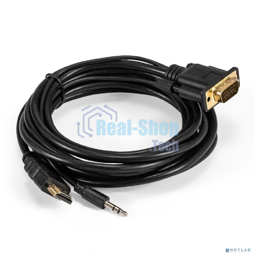 Кабель-переходник HDMI-VGA ExeGate EX-HDMIM-VGAM-3.5JackS-3.0 (19M/15M+3.5мм Jack M, 3м) Преобразователь цифрового HDMI сигнала в VGA видео и стерео-аудио