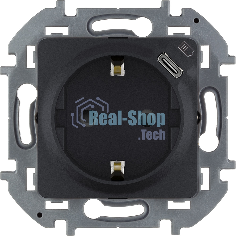 Розетка 2К+З немецкий стандарт 16А 250В с зарядным устройством USB C 1.5А 5В антрацит