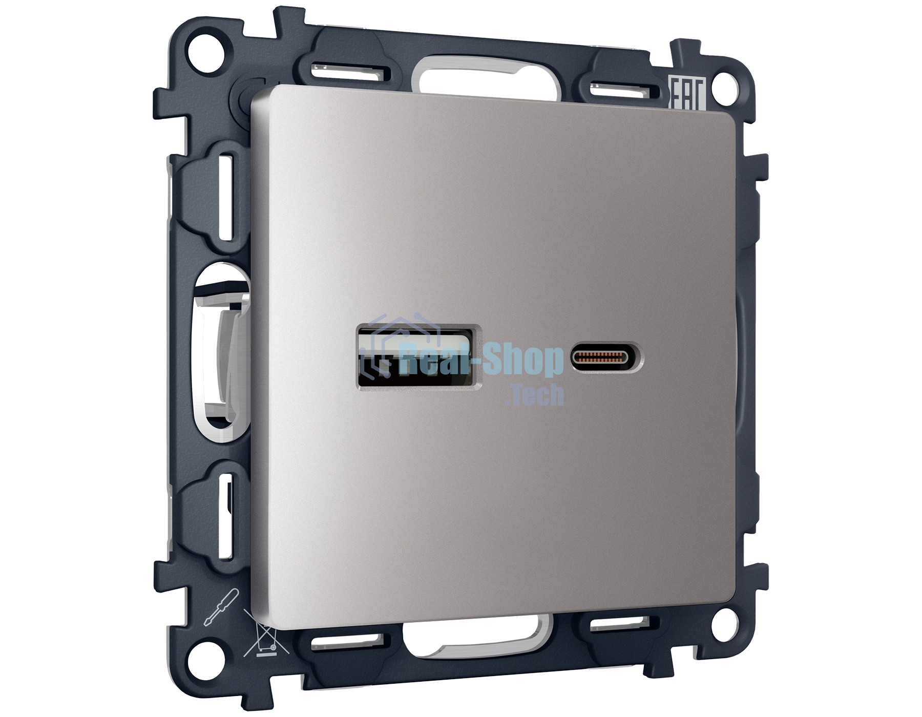Комплект механизма розетки ALFA Сталь матовый 2USB A+C 20W (быстрая зарядка) QUANT (AP5110, VM177) MA511010