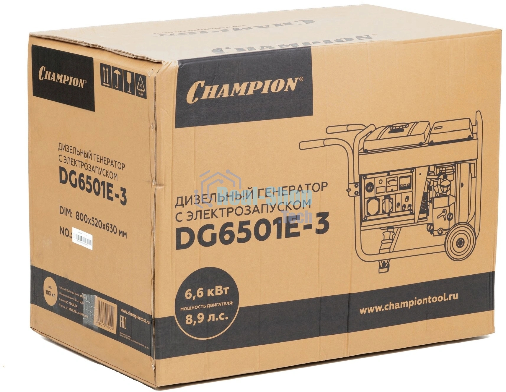 Электрогенератор дизельный Champion DG6501E-3, 6.6 кВт, 82 дБ, 103 кг