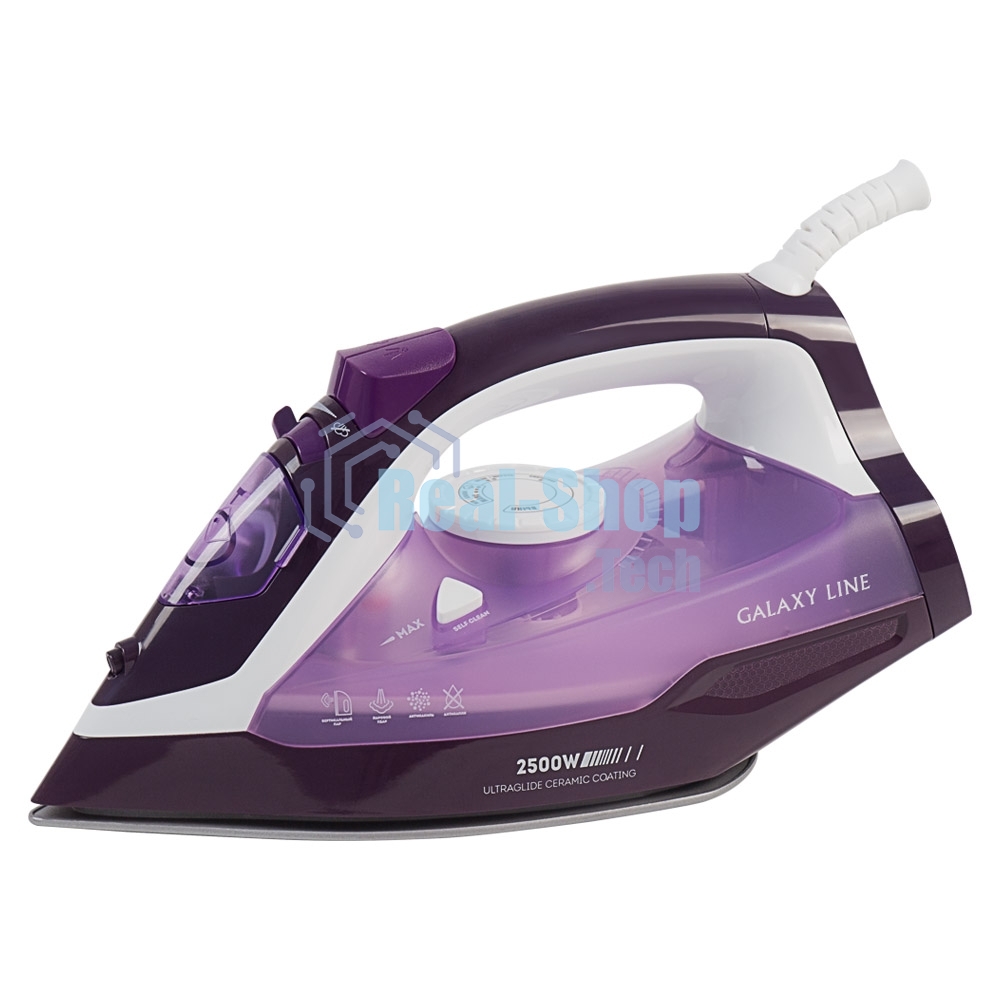 Утюг Galaxy Line GL 6124, фиолетовый с белым, паровой, 2500 Вт, постоянный пар 50 г/мин, паровой удар 230 г/мин, функции: самоочистка, антикапля, антинакипь, функция увлажнения, вертикальное отпаривание, защита от перегрева, индикатор нагрева, керамическо