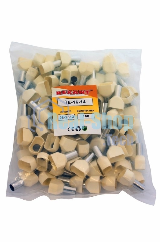 Наконечник штыревой втулочный изолированный Rexant F-14 мм 2х16 мм² (НШВи(2) 16-14/НГи2 16-14) слоновая кость