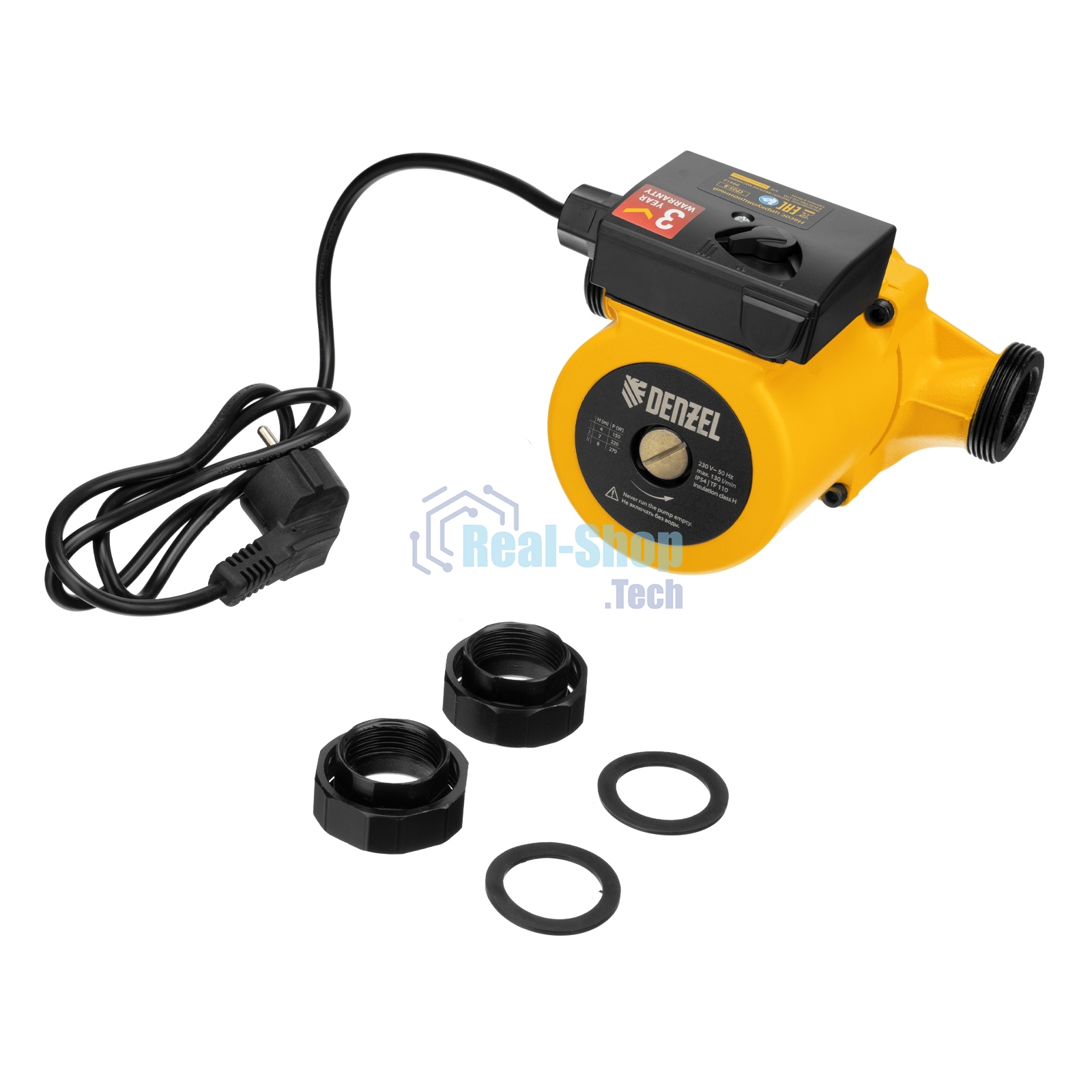 Циркуляционный насос Denzel CP25-8, напор 8 м, 130 л/мин, 1 м кабель, монт. длина 180 мм