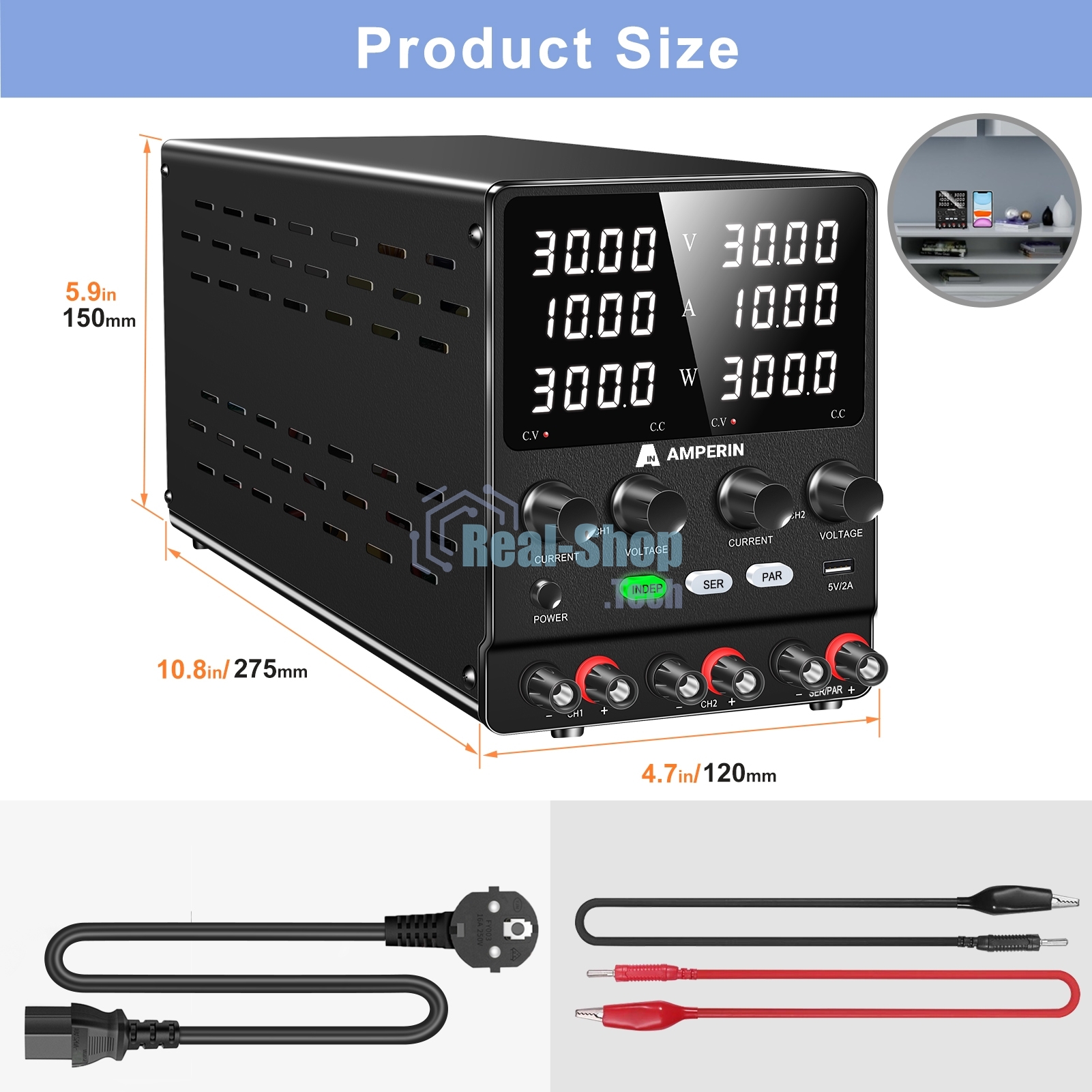 Лабораторный блок питания двухканальный Amperin AI-W3010x2C 30V, 10A, 0,6 кВт