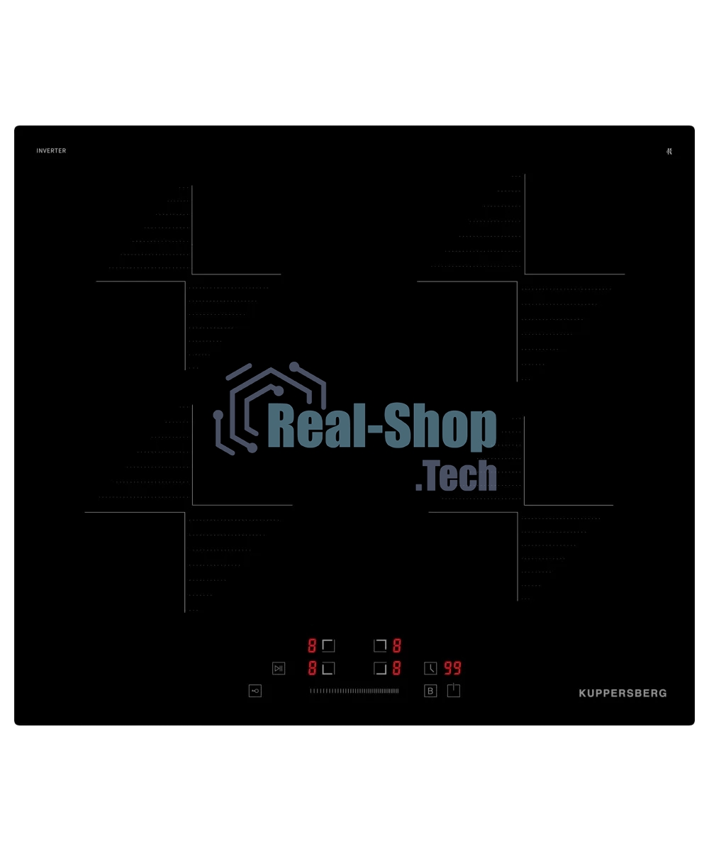 Индукционная варочная панель Kuppersberg ICI 604 60 см, индукция, High-Tech, inverter, прямой край, 9 уровней мощности, бустер, Stop and Go, автоматическое отключение, таймер, индикатор остаточного тепла, сенсорное/слайдерное управление, черный