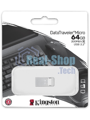 Флешка USB Kingston DataTraveler Micro (DTMC3G2/64Gb), 64Gb, USB 3.2 Gen 1, R/W 200/60, серебристый