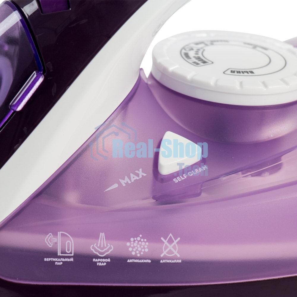 Утюг Galaxy Line GL 6124, фиолетовый с белым, паровой, 2500 Вт, постоянный пар 50 г/мин, паровой удар 230 г/мин, функции: самоочистка, антикапля, антинакипь, функция увлажнения, вертикальное отпаривание, защита от перегрева, индикатор нагрева, керамическо