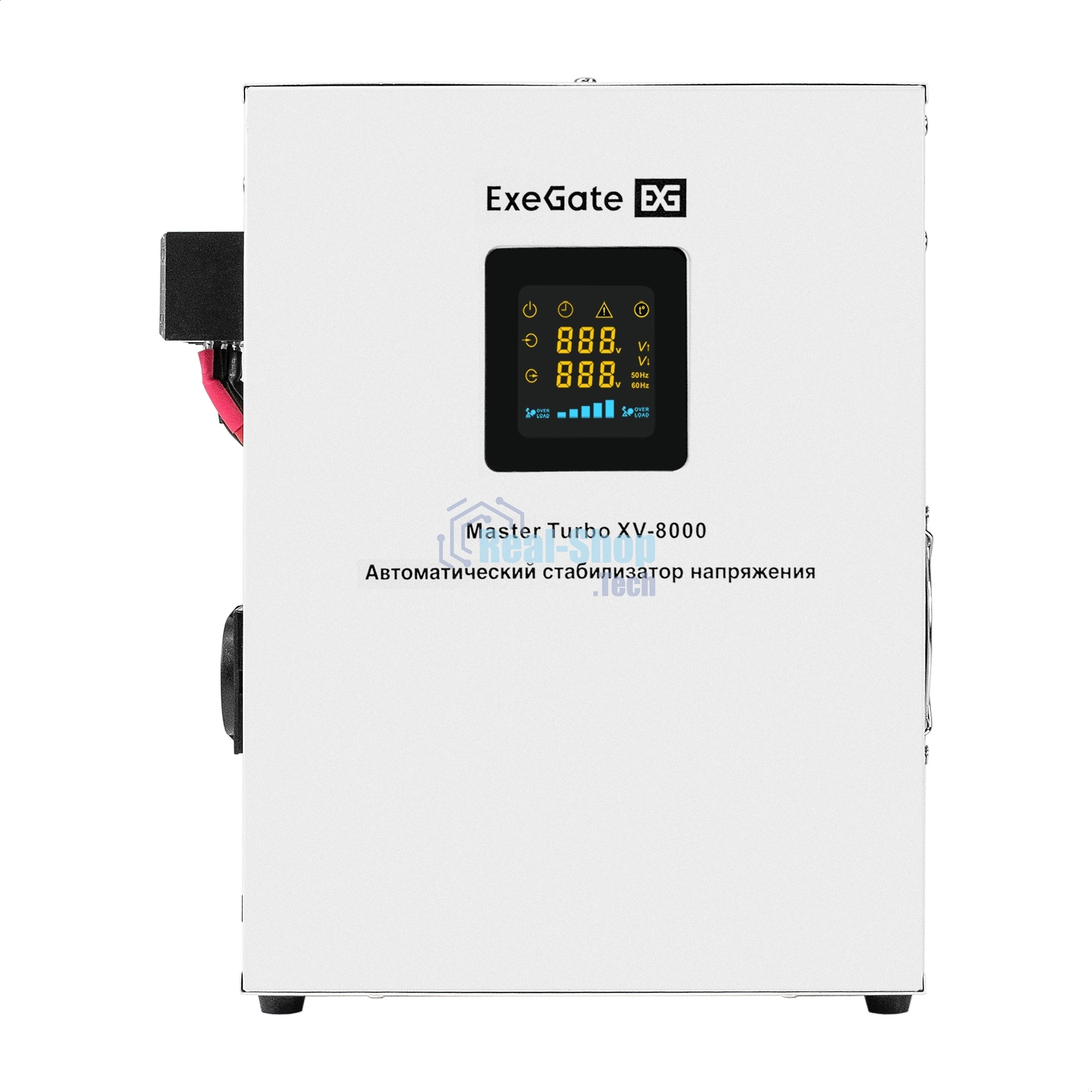 Стабилизатор напряжения настенный ExeGate Master Turbo XV-8000 (8000ВА, вход 80-265В, цветной дисплей, выход 220В±8%, КПД 98%, 5 уровней защиты, задержка, усиленный метал.корпус, 2*Schuko+клем.колодка, RTL)