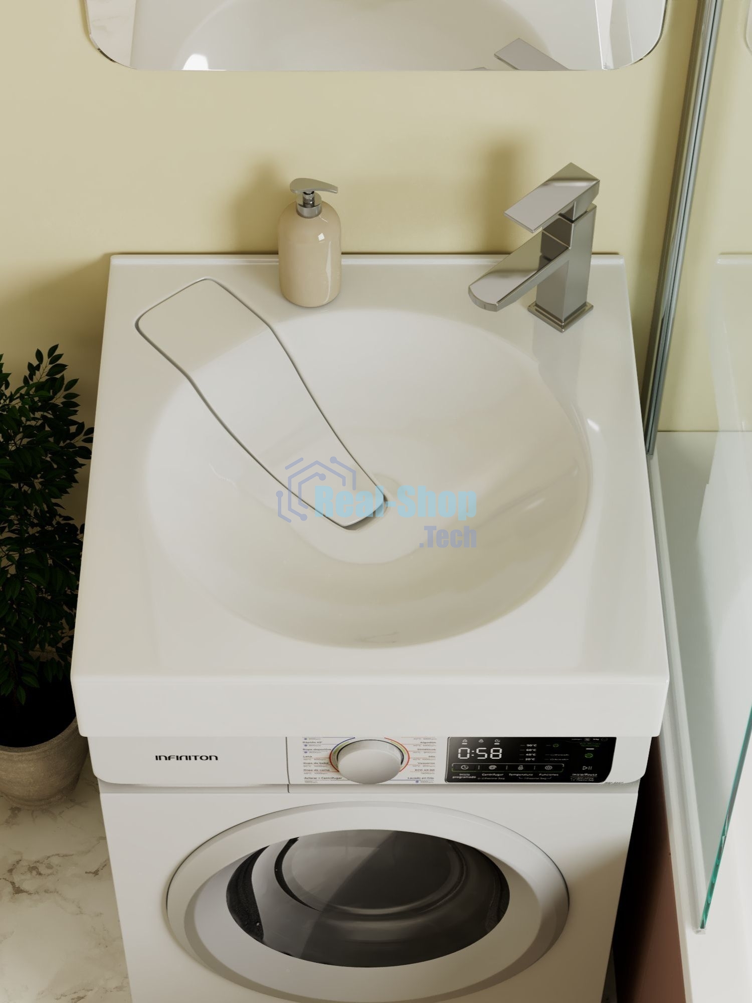 Комплект BAU 4 в 1: раковина над стиральной машиной BAU Element 60х60, литьевой мрамор, кронштейны, выпуск и смеситель Hotel Still, нержавеющая сталь